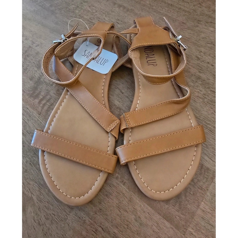 Sandalup Womens Tan Brown Strappy Flat Sandals Ankle Buckle Summer Shoes Size 9